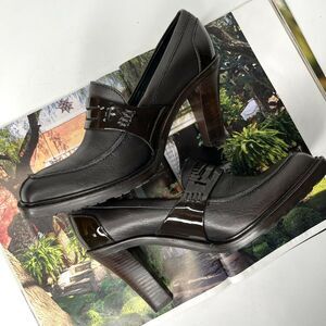 NavyBoot Dark Brown Italian Leather Chunky Heel Loafer Pumps size 37 (6.5)